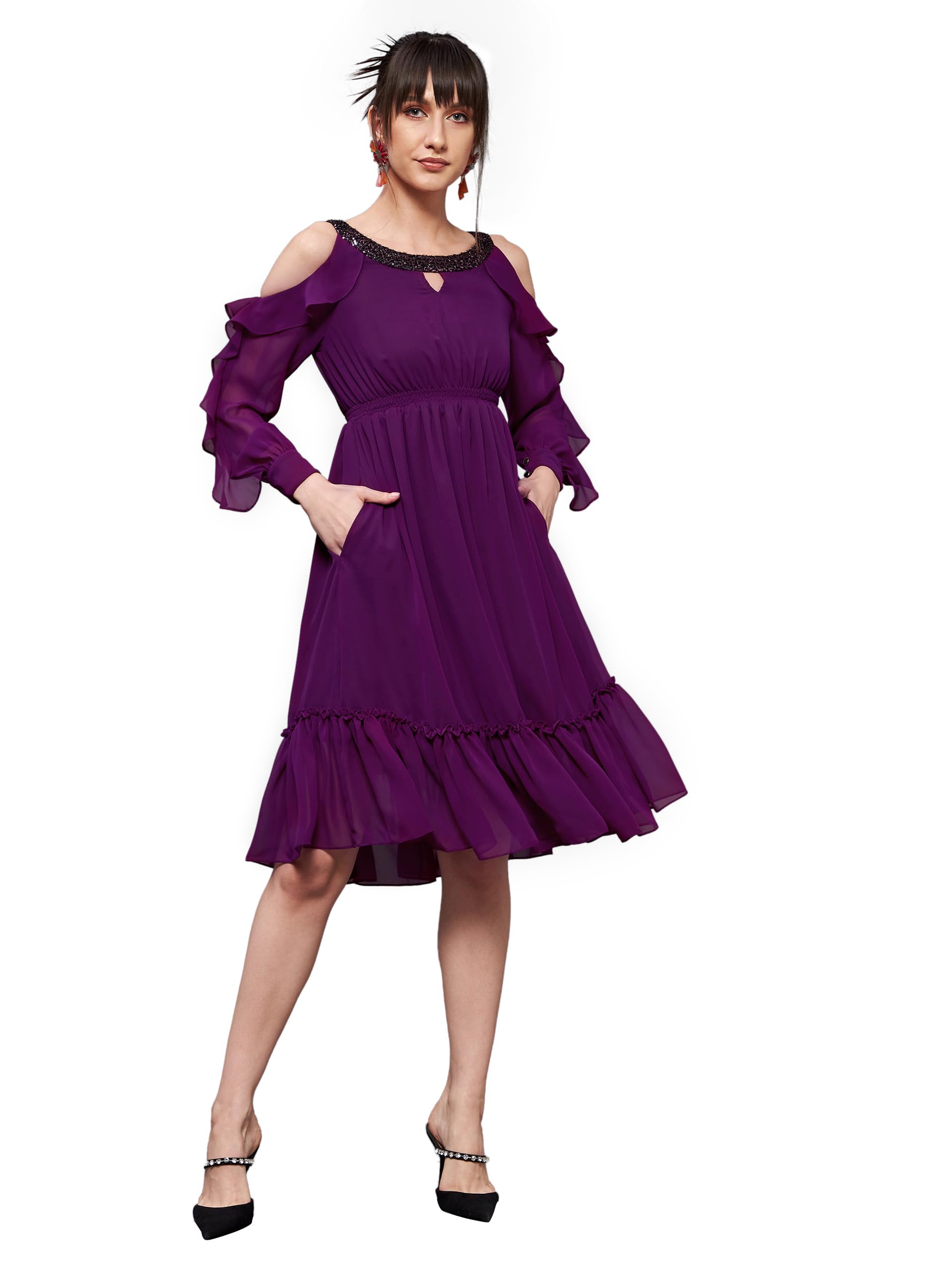 Miss Chase WomenS Round Neck Full Sleeves Polyester Ruffled Knee Length Dress (Mcss23D98-29-690-05, Grape Purple, L)