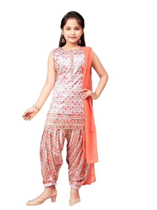 Aarika Girls Ethnic Wear Pink Colour Floral Print Silk Kurti Patiala Set (4-10 Years)