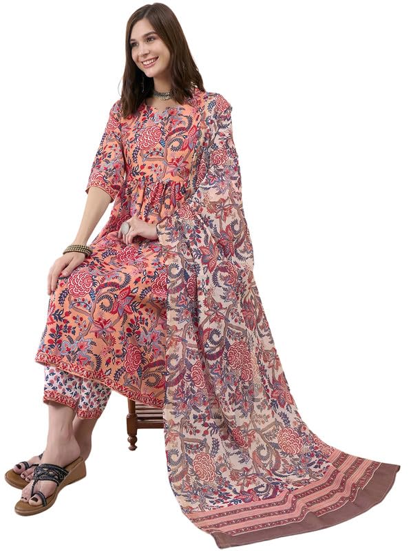 Tee Projekt WomenS Cotton Blend Sweetheart Neck Anarkali Kurta Pant With Dupatta Set Pink