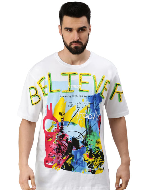 Veirdo Mens Free Size Loose Fit Believer Typography Printed 100% Cotton T-Shirt