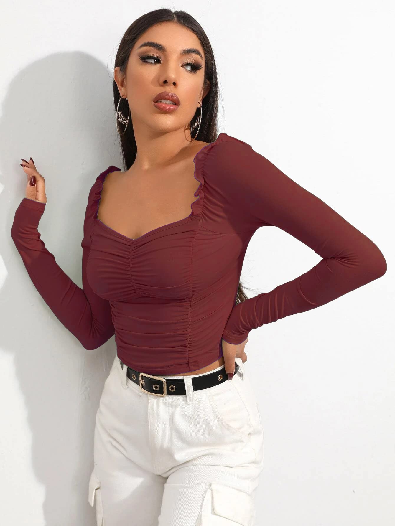 Shasmi Womens & Girls Maroon Full Sleeve, Sweat Hear Neck, Frill Trim Ruched Crop Top for Women, Tops, Slim Fit T-Shirts for G