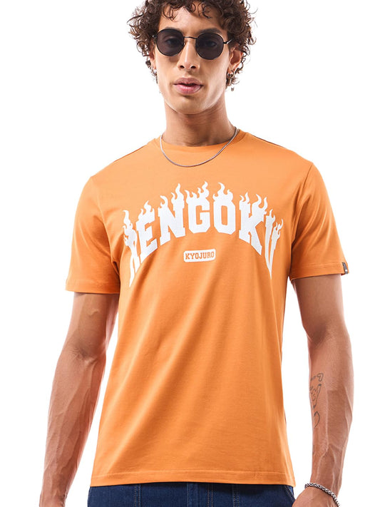 Bewakoof Official Demon Slayer Merchandise Rengoku Mens Typography Regular Fit Half Sleeve Round Neck Cotton Blend T-Shirt_6459