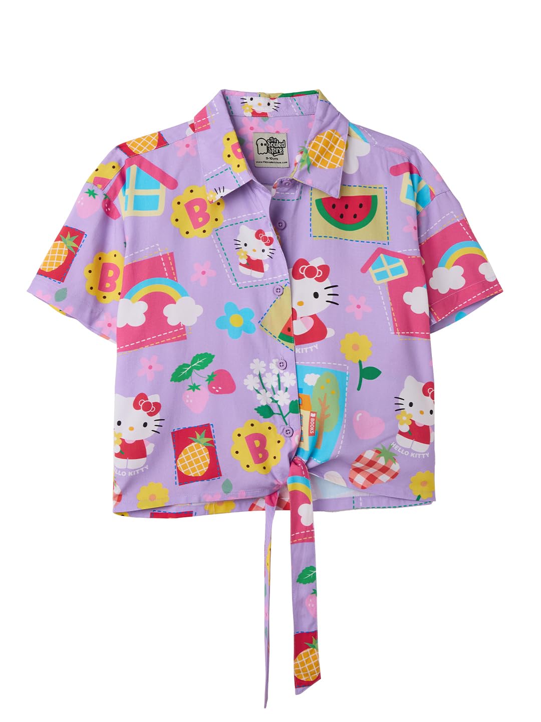 The Souled Store Hello Kitty: Bows & Blooms Young Girls Short Sleeves Collared Neck Button Front Purple All Over Printed Cotton