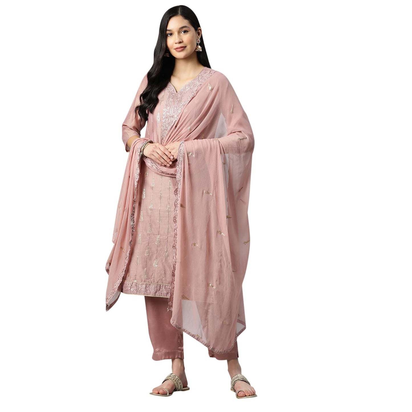ishin Silk Blend Embroidered Mauve Straight Kurta Suit Set with Trousers