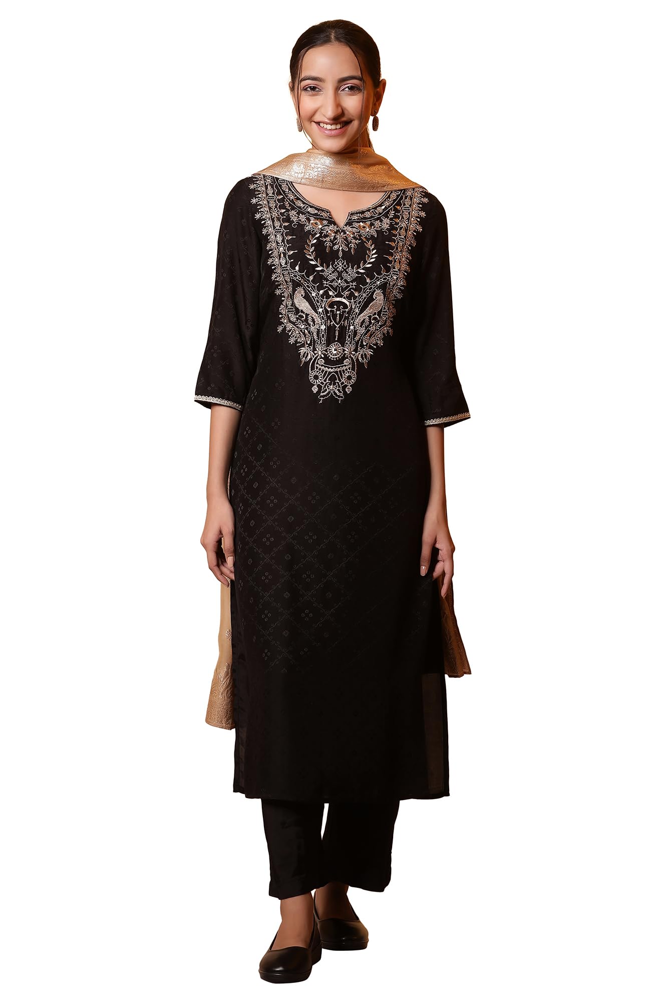 Aurelia Black Zari Embroidered Kurta, Palazzo And Dupatta Set (Size: M)-24Auas15110-607225