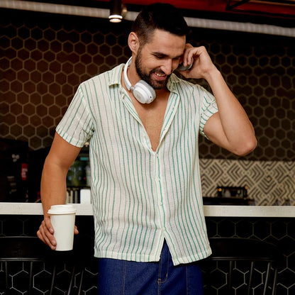 Campus Sutra Mens White & Green Unbalanced Striped Woven Shirt for Casual Wear | Spread Collar | Short Sleeve | Button Closure