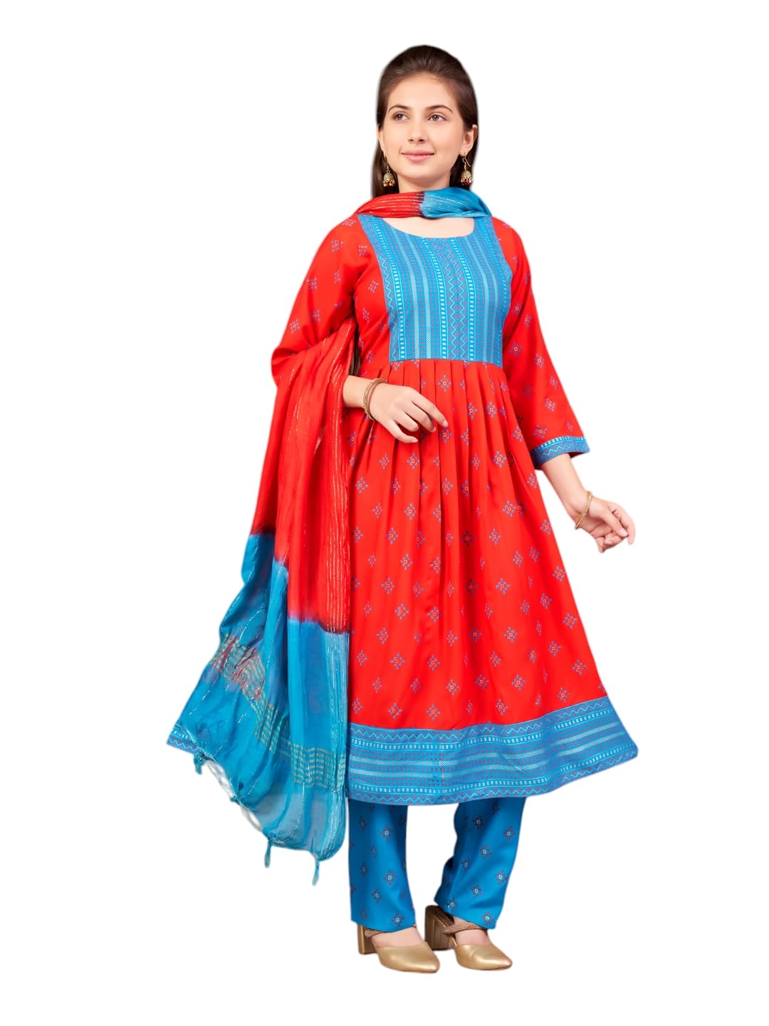 Aarika Girls Ethnic Wear Red-Firozi Colour Foil Print Rayon Kurti-8-15 Years (Kurti-Ap-801)