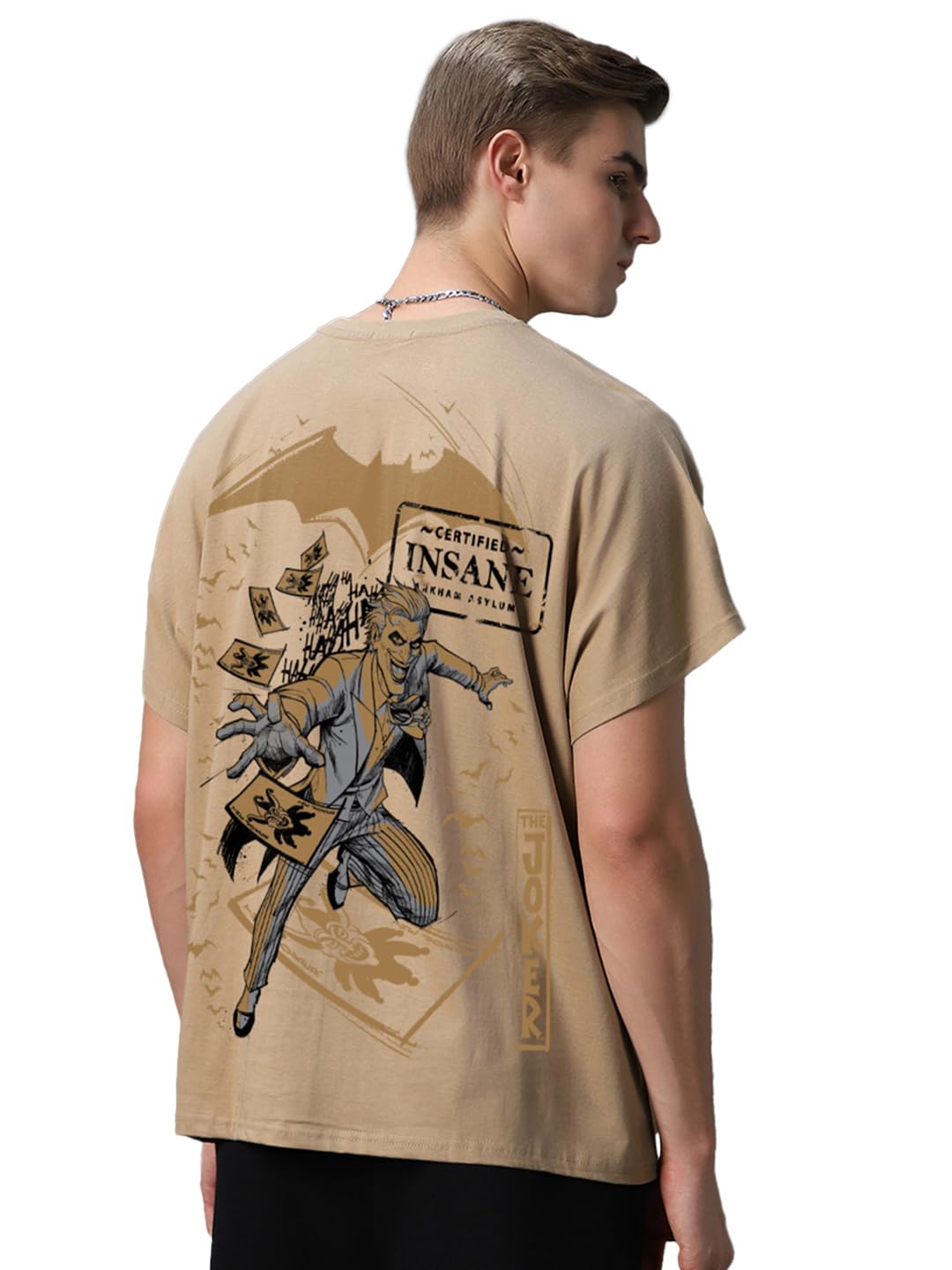 Bewakoof Official DC Merchandise Joker Mens Graphic Print Square Fit Half Sleeve Round Neck Cotton Jersey Vest_654718_Brown_M