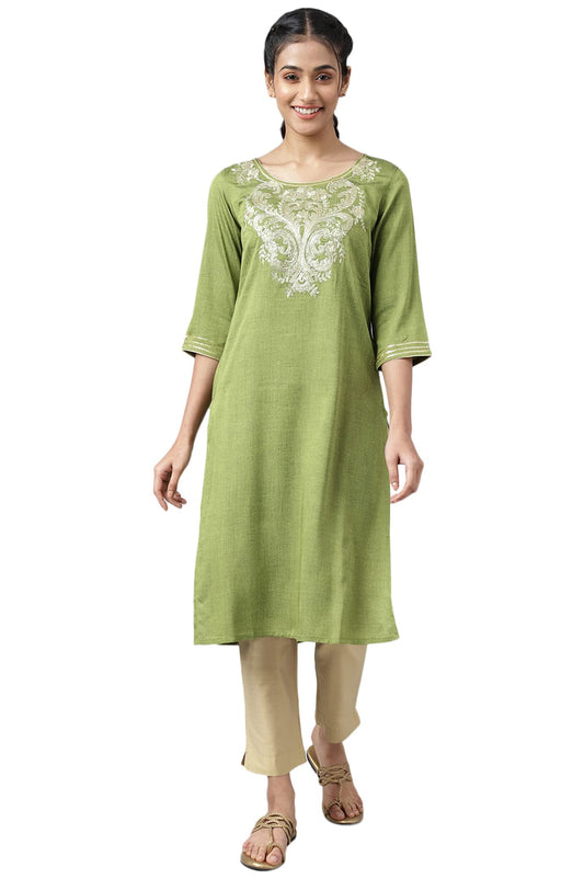 Aurelia Women Love Bird Green Rayon Solid Yarn Dyed Straight Kurta
