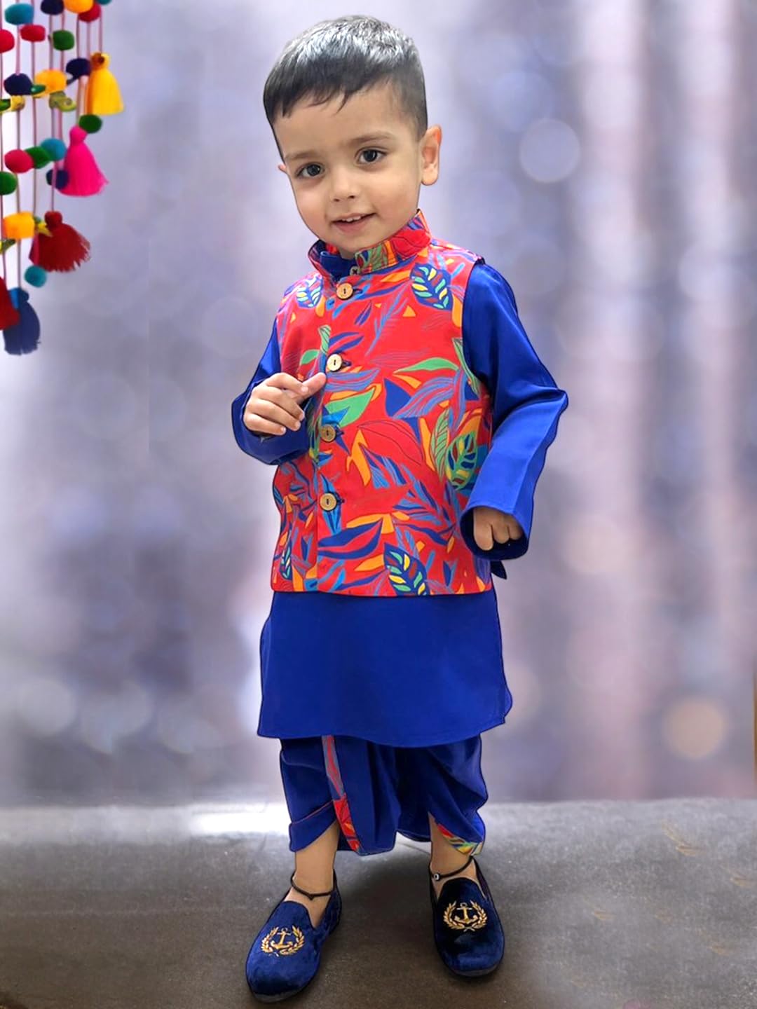 A.T.U.N. (All Things Uber Nice) Boys Royal Blue Wine Kurta Dhoti With Red Abstract Printed Nehru Jacket (3 Piece Set)