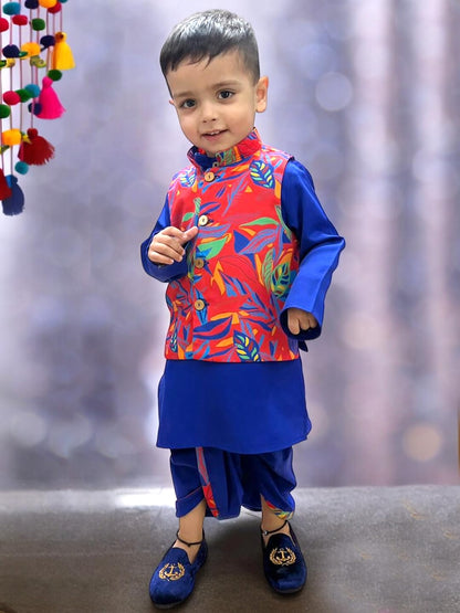 A.T.U.N. (All Things Uber Nice) Boys Royal Blue Wine Kurta Dhoti With Red Abstract Printed Nehru Jacket (3 Piece Set)