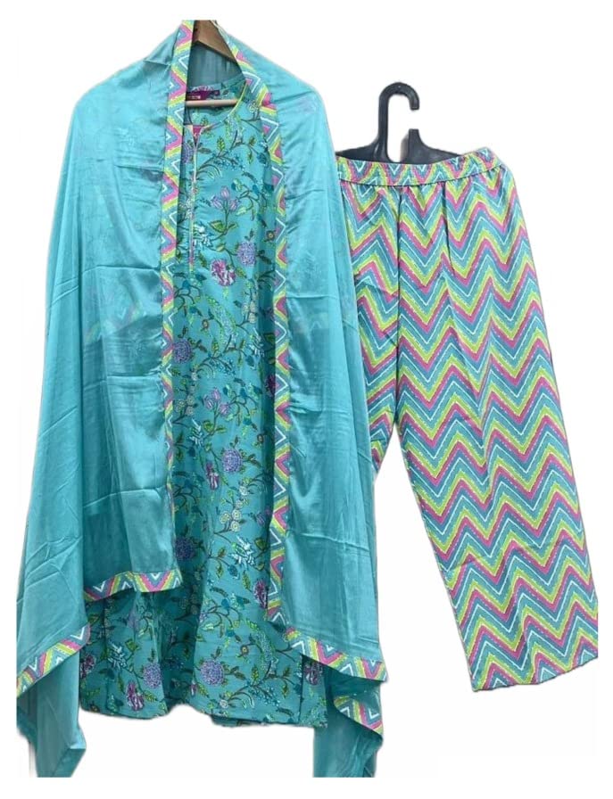 ANNI DESIGNER Ladies Cotton Blend Regular Kurta with Trousers and Dupatta, Blue sky, XXL