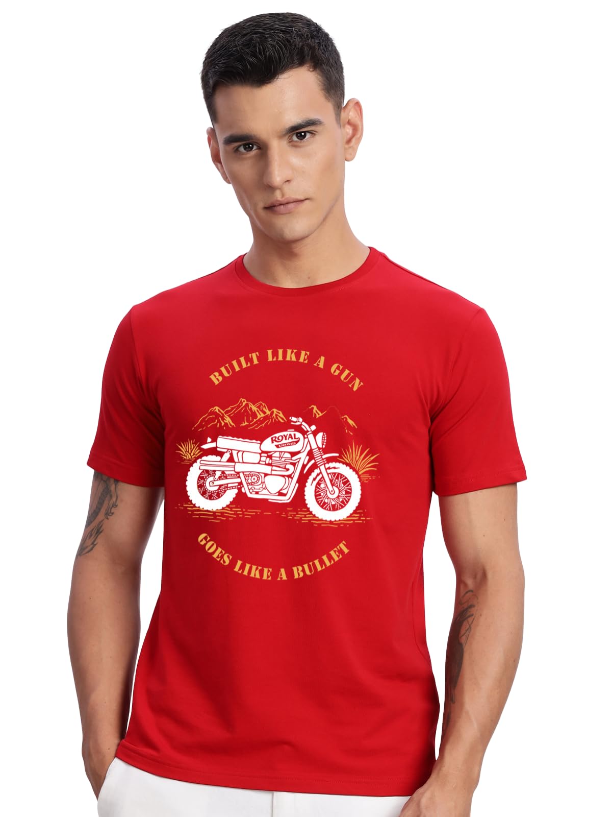 ADRO Men's Royal Bike Design Printed 100% Cotton T-Shirt - Regular Fit, Printed T-Shirts for Men (RN24-RYL-RD_Red)