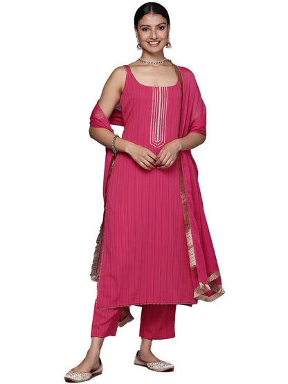 Varanga Women Pink Round Neck, Spaghetti Strap Style Straight Kurta Paired With Tonal Bottom And Dupatta  Stylish & Comfortable