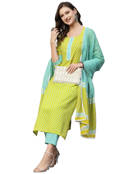 GoSriKi Women's Cotton Blend Straight Printed Kurta with Pant & Dupatta (Inam Green-GS)