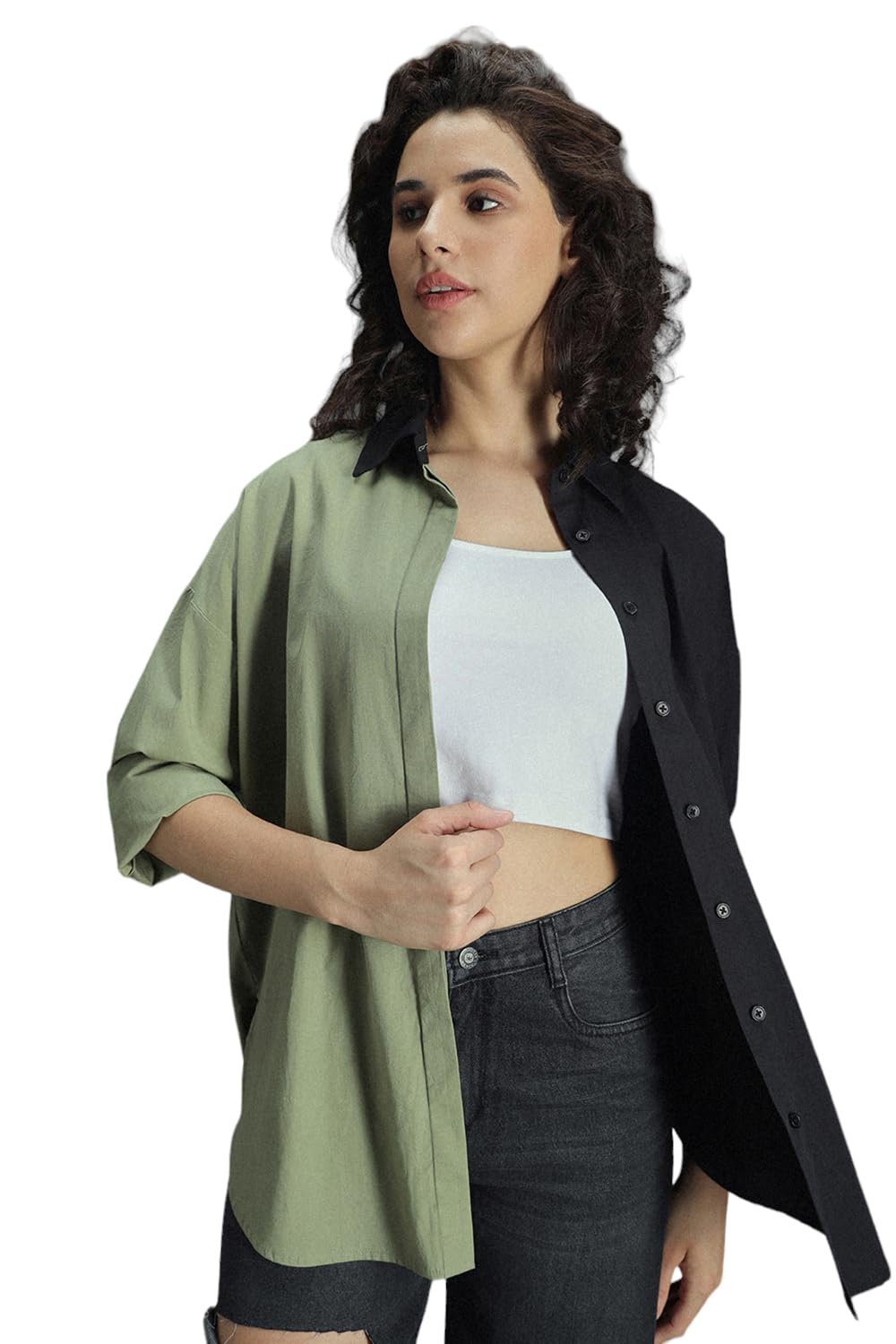 High Star Classic Oversized Colourblocked Spread Collar Long Sleeves Cotton Casual Shirt