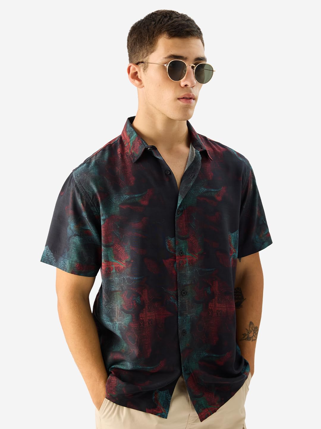 The Souled Store Rebel Moon: Kora Men and Boys Short Sleeve Collared Neck Button Down Regular Fit Rayon Summer Shirts Multicolou
