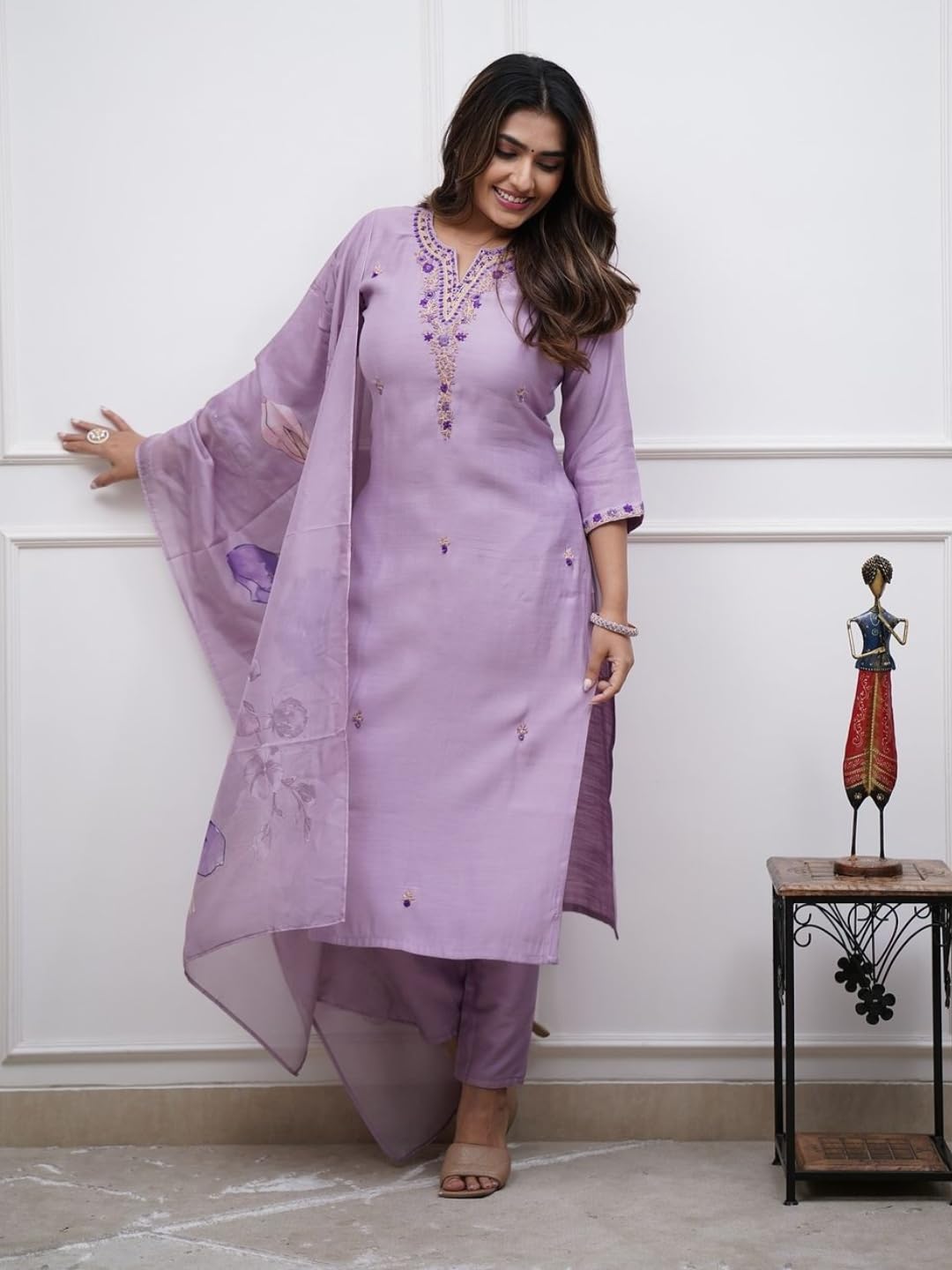 Naixa WomenS Purple Rayon Slub With Cotton Inner Embroidered Straight Kurta With Rayon Slub Pant And Chanderi Cotton Printed Du
