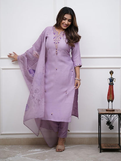 Naixa WomenS Purple Rayon Slub With Cotton Inner Embroidered Straight Kurta With Rayon Slub Pant And Chanderi Cotton Printed Du
