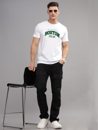 ADRO Mens Printed T Shirt - Premium Cotton Graphic Printed Tshirt - White T-Shirt - RN24-BOST-WH