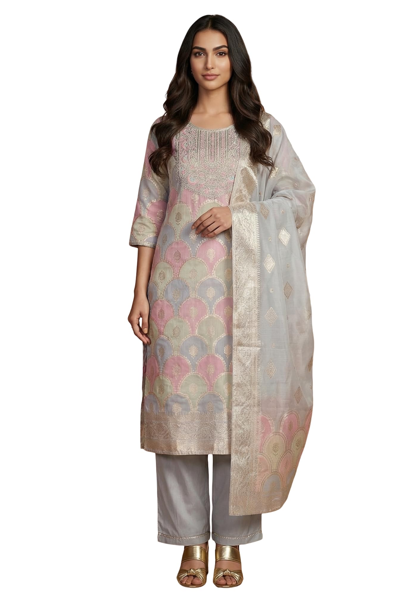 Aurelia Women'S Pastel Floral Printed Zari Work Straight Kurta With Palazzo And Dupatta Set - (As16400-706054-M)