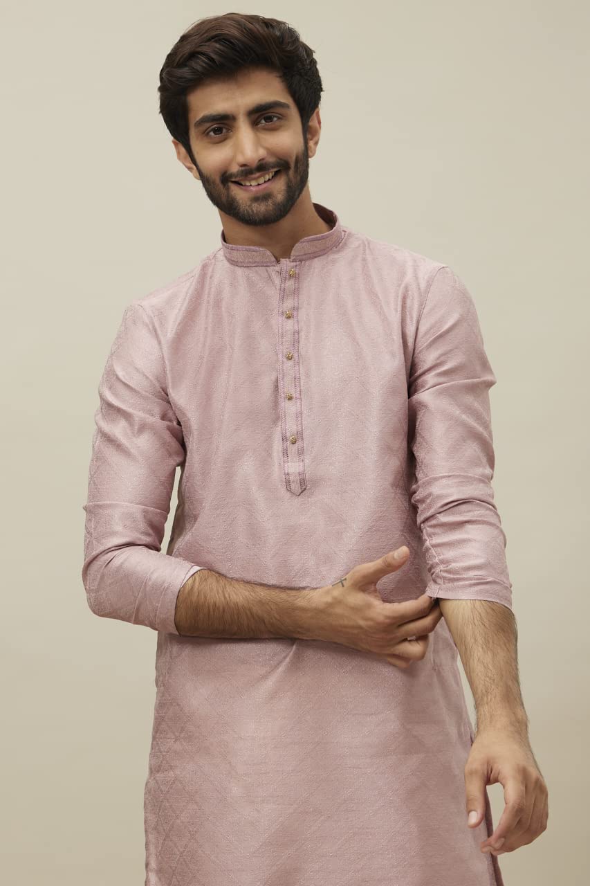 Manyavar Kurta Set For Men, Full Sleeves Mandarin Collar Ethnic Kurta & Payjama Set Art Silk All Over Self Design Set (Dusty Pin