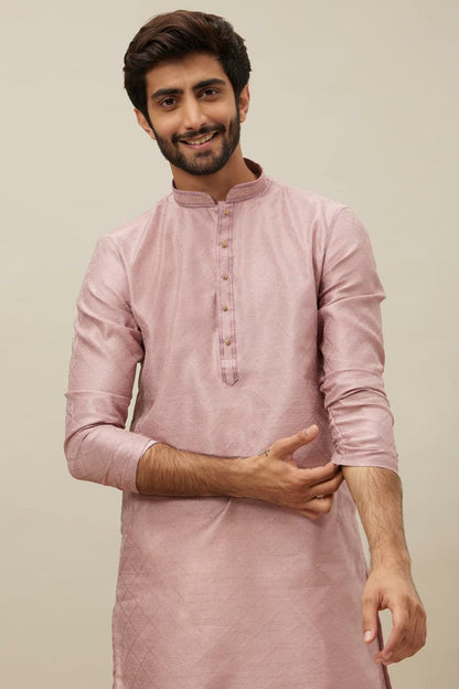 Manyavar Kurta Set For Men, Full Sleeves Mandarin Collar Ethnic Kurta & Payjama Set Art Silk All Over Self Design Set (Dusty Pin