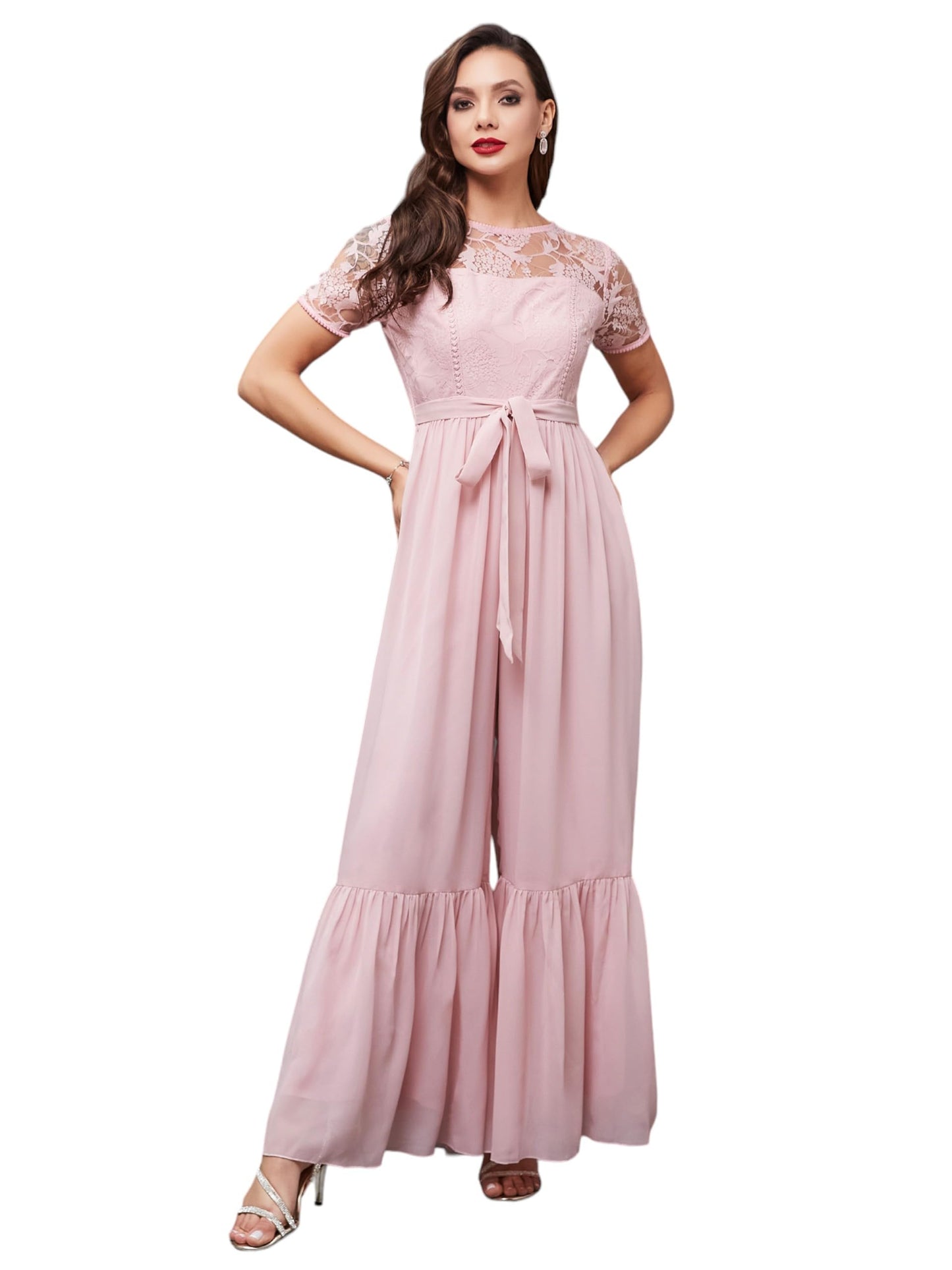 Miss Chase WomenS Round Neck Short Sleeve Solid Lace Overlaid Regular Jumpsuit With Pockets (Mcaw23D98-83-234-06, Dusty Pink, X