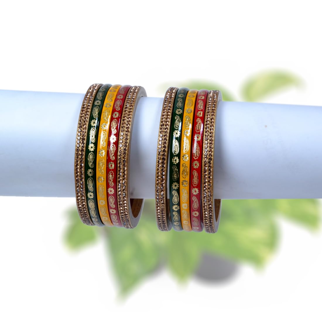 Snehlata Creations Multicolor Lac Bangle Set for Women - 2.4 Size, Set of 10, Red Yellow Green Golden, Jaipuri Chudi