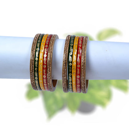 Snehlata Creations Multicolor Lac Bangle Set for Women - 2.4 Size, Set of 10, Red Yellow Green Golden, Jaipuri Chudi