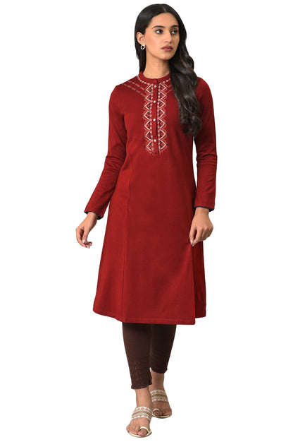 W for Woman Red A-line Embroidered Winter Kurta