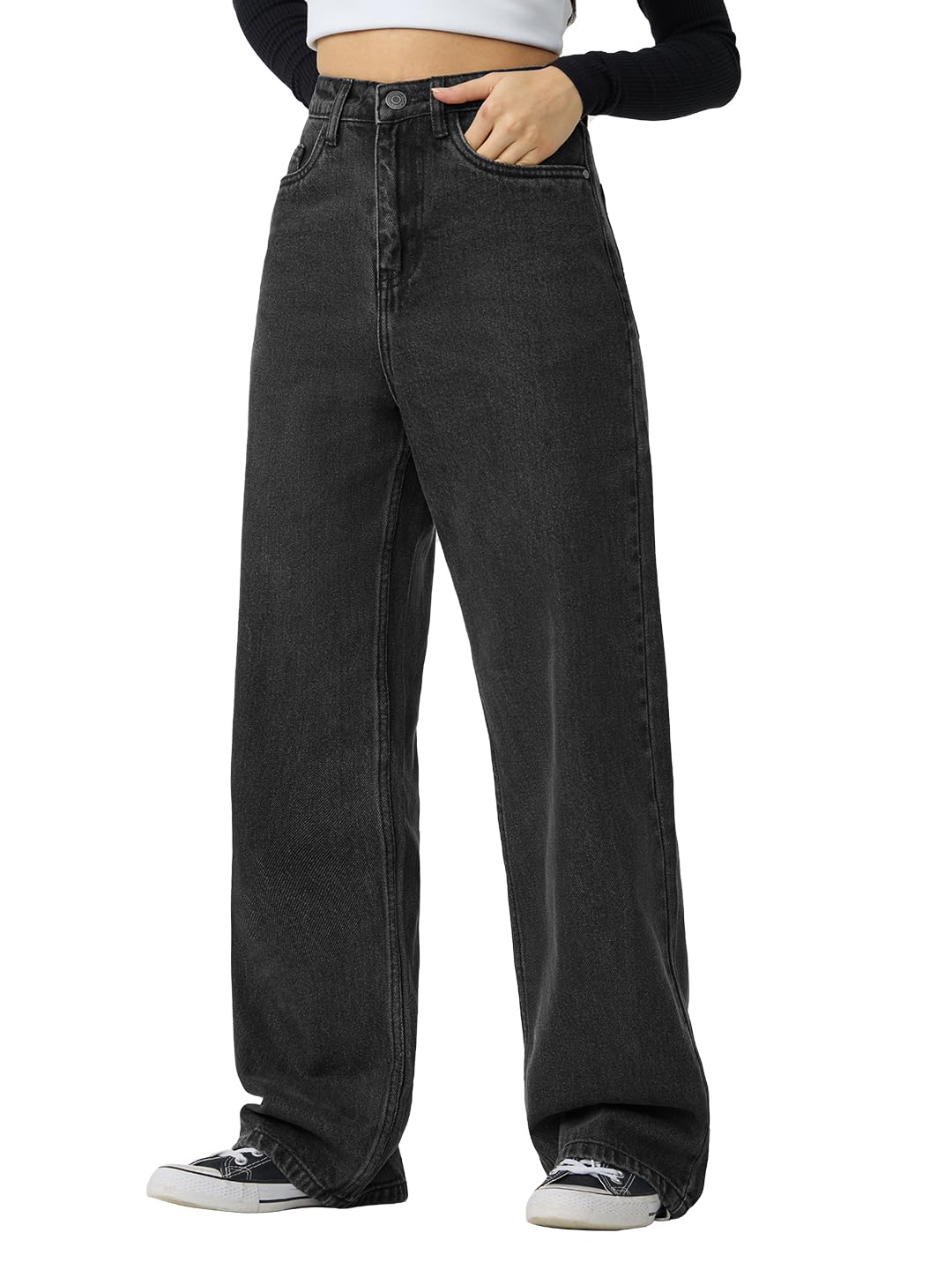 The Souled Store Solids: Charcoal Women and Girls Buttoned Cotton Straight Fit Jeans