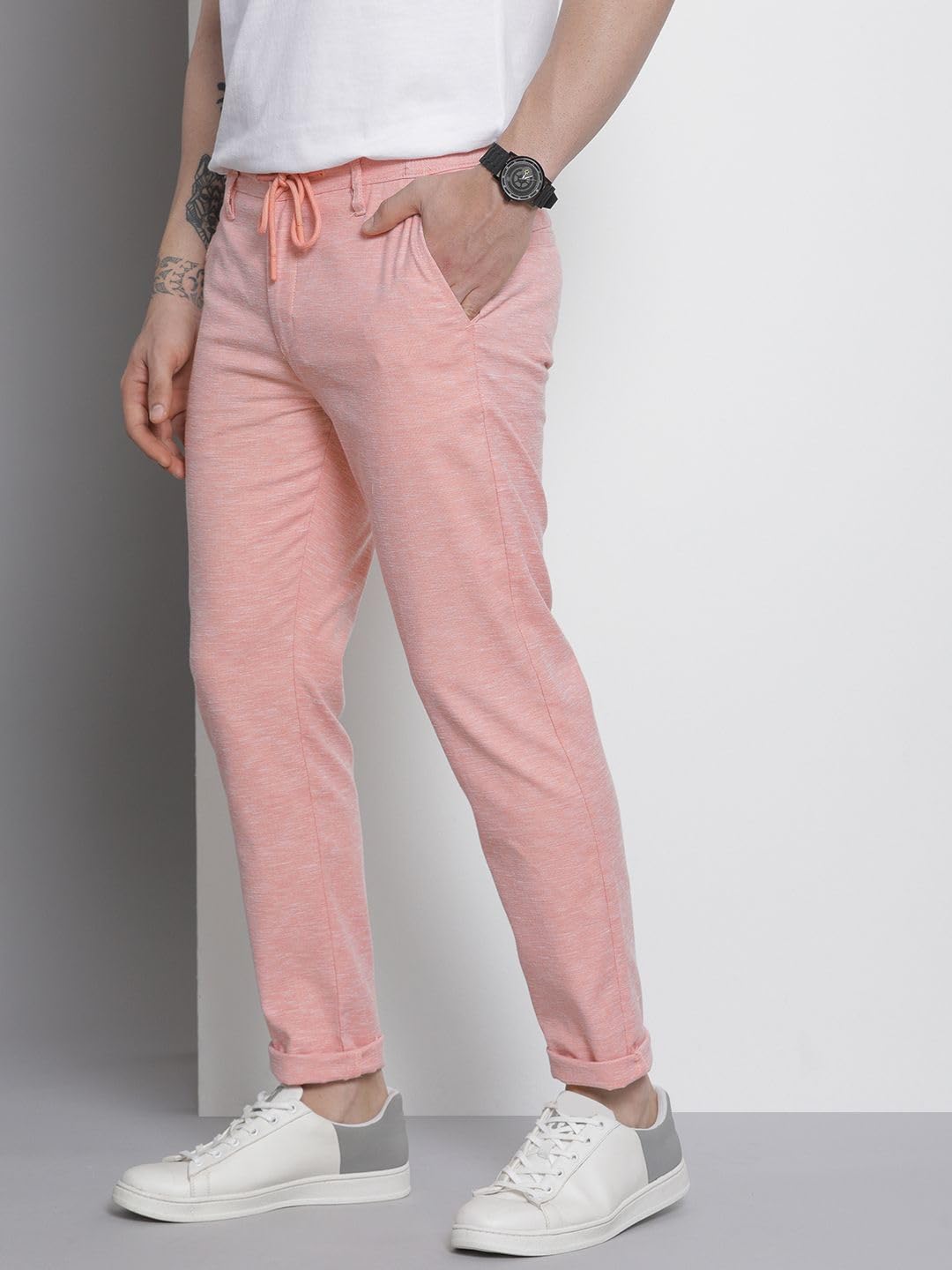 The Indian Garage Co Men Slim Fit Solid Mid-Rise Jogger Trousers Pink