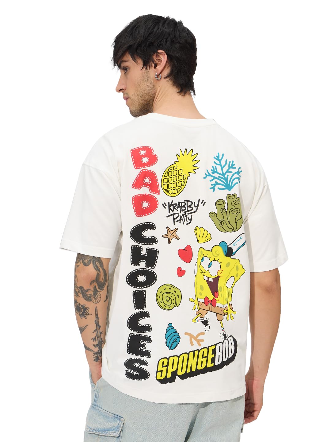 The Souled Store Official Spongebob: Bad Choices Men and Boys Short Sleeves Round Neck White Graphic Printed Cotton Oversized T-