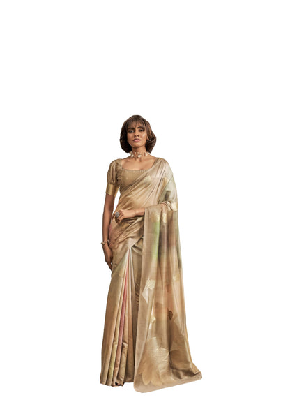 Pujia Mills WomenS Leaf Zari Woven Design With Ombre Print Silk Saree With Unstitched Blouse