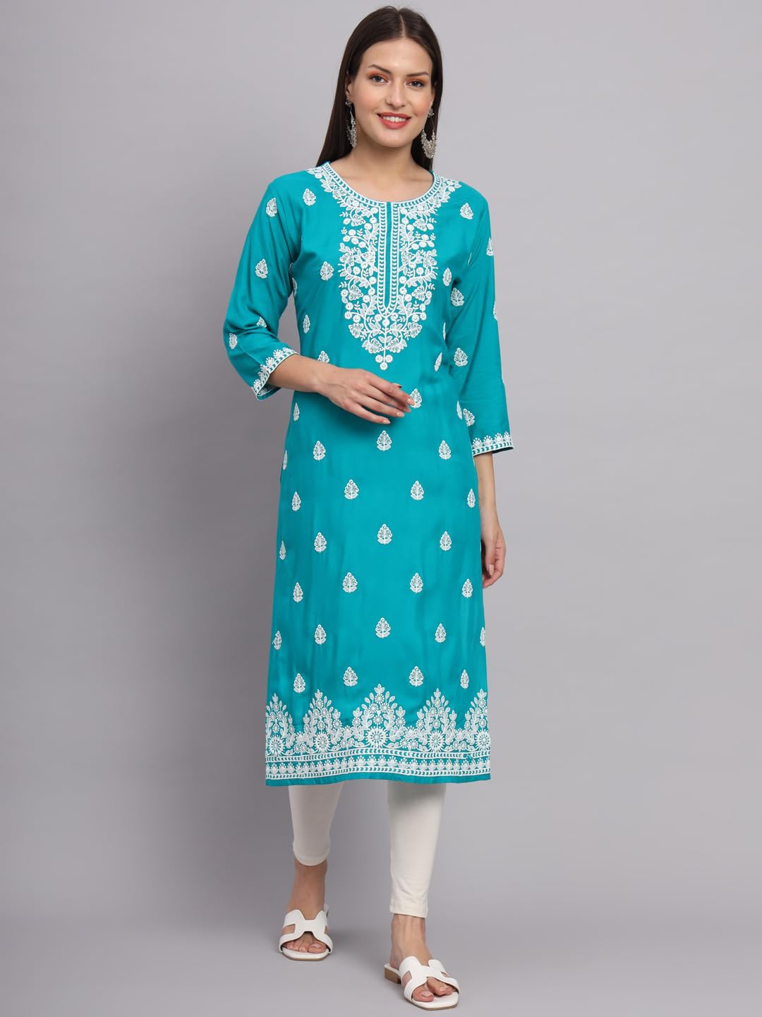 Ekasya WomenS Rayon Straight Cut Round Neck Kurta With Beautiful Floral Lucknowi Chickankari Work (E1586) Sea Green