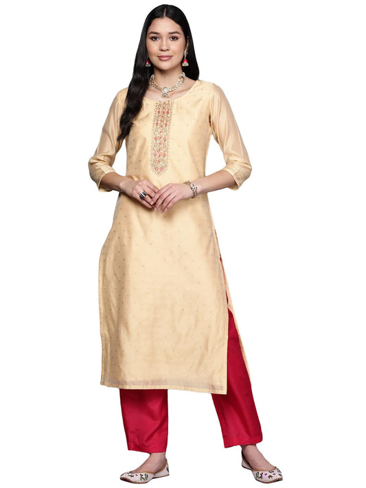 Libas Gold Printed Chanderi Silk Straight Kurta