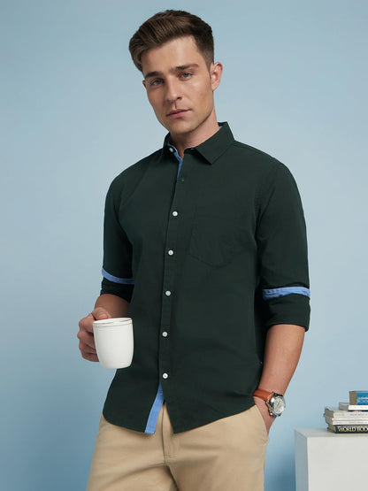 Dennis Lingo Men Solid Spread Collar Full Sleeves Regular Fit Casual Shirt Bottle Green