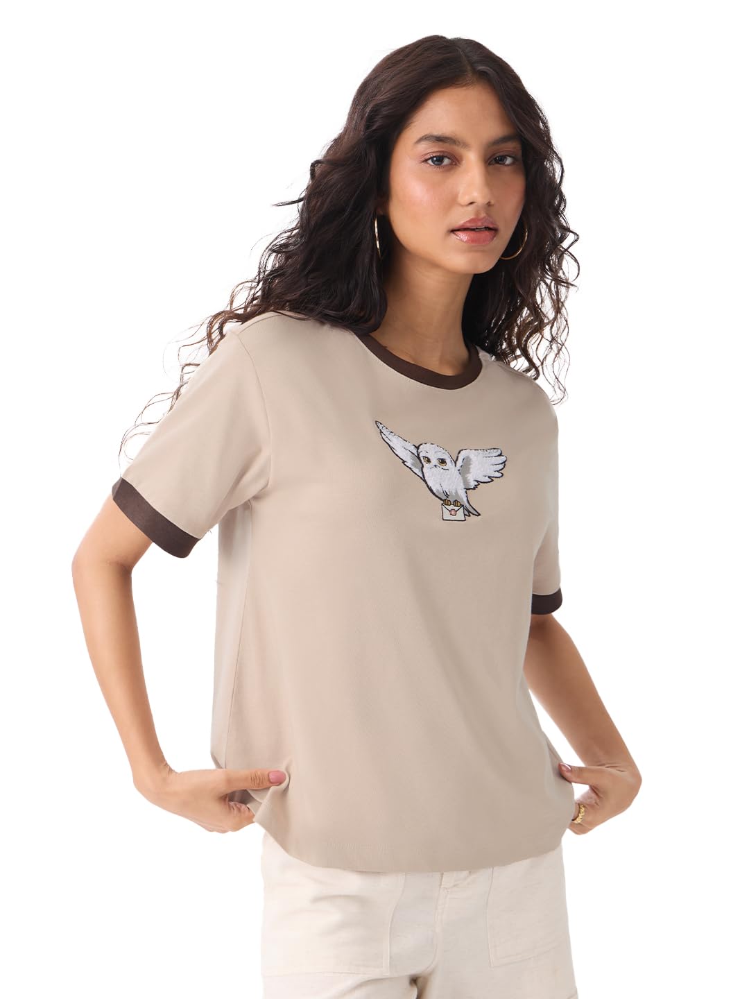 The Souled Store Harry Potter: Hedwig Women and Girls Short Sleeves Round Neck Beige Embroidered Cotton Relaxed Fit T-Shirts