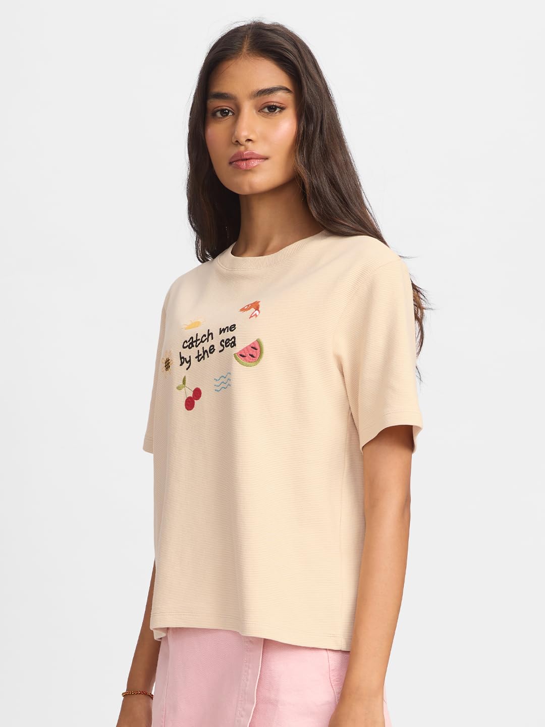 The Souled Store by The Sea Women and Girls Short Sleeves Round Neck Cotton Relaxed Fit T-Shirts Off White