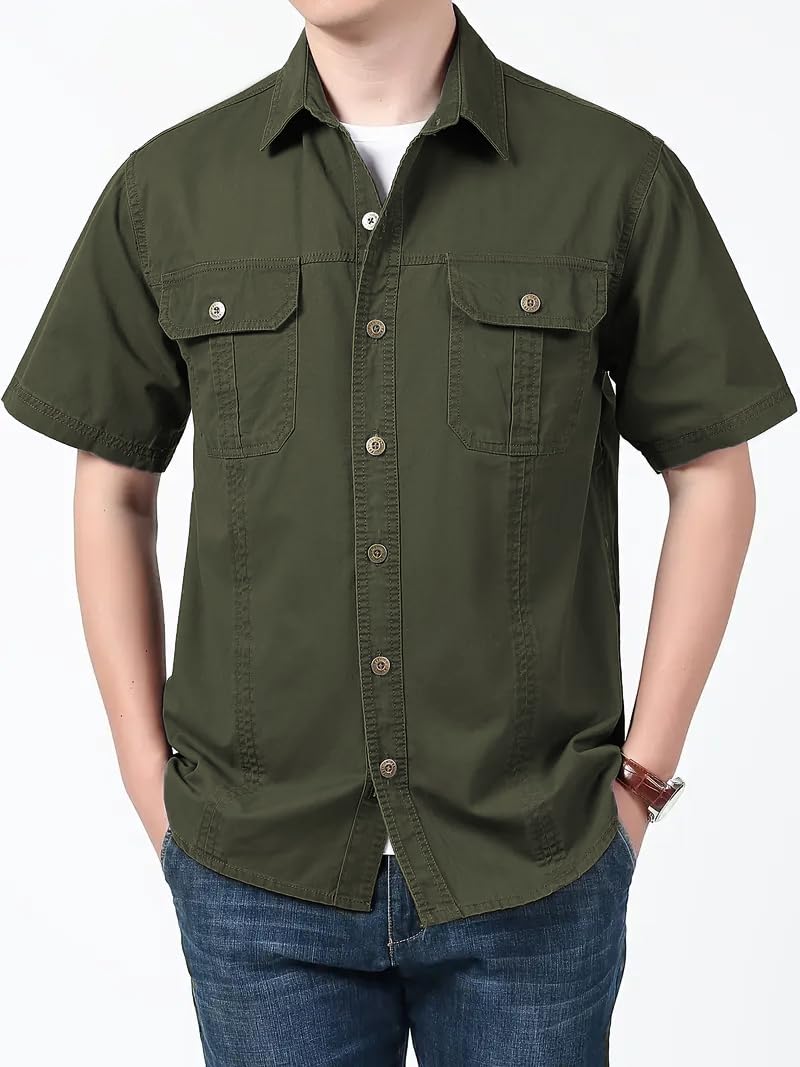 SMOWKLY Mens Casual Solid Printed Cotton Regular Fit Shirt || Half Sleeve, Button Down, Double Front Pocket || Denim Jacket Sty