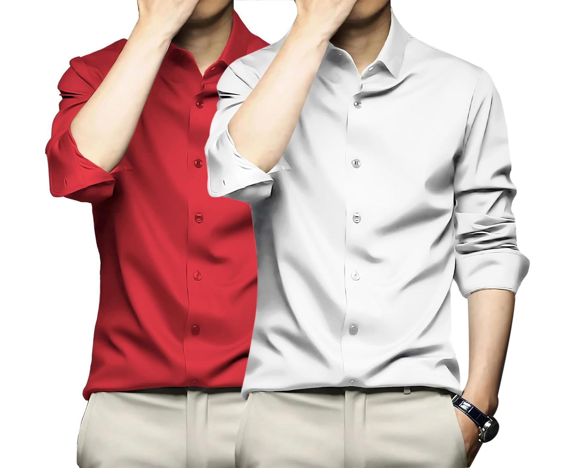 Deelmo Combo Of MenS Stylish Solid Satin Casual Shirt For Men Full Sleeves| Poly Satin Silk Shirt Pack Of 2 Red-White