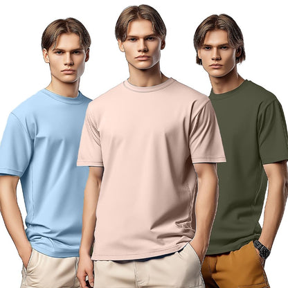 Nobero MenS Solid Regular Fit T-Shirt (1M-Twts-R0008_2_Olive Green/Blush/Powder Blue
