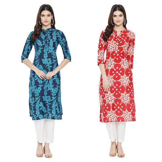 Pinkmint Women Cotton Printed Kurta Stylish Regulr Fit GirlS Combo Kurta Ll Regular Fit Combo Kurta (Pack Of 2) Blue-Red