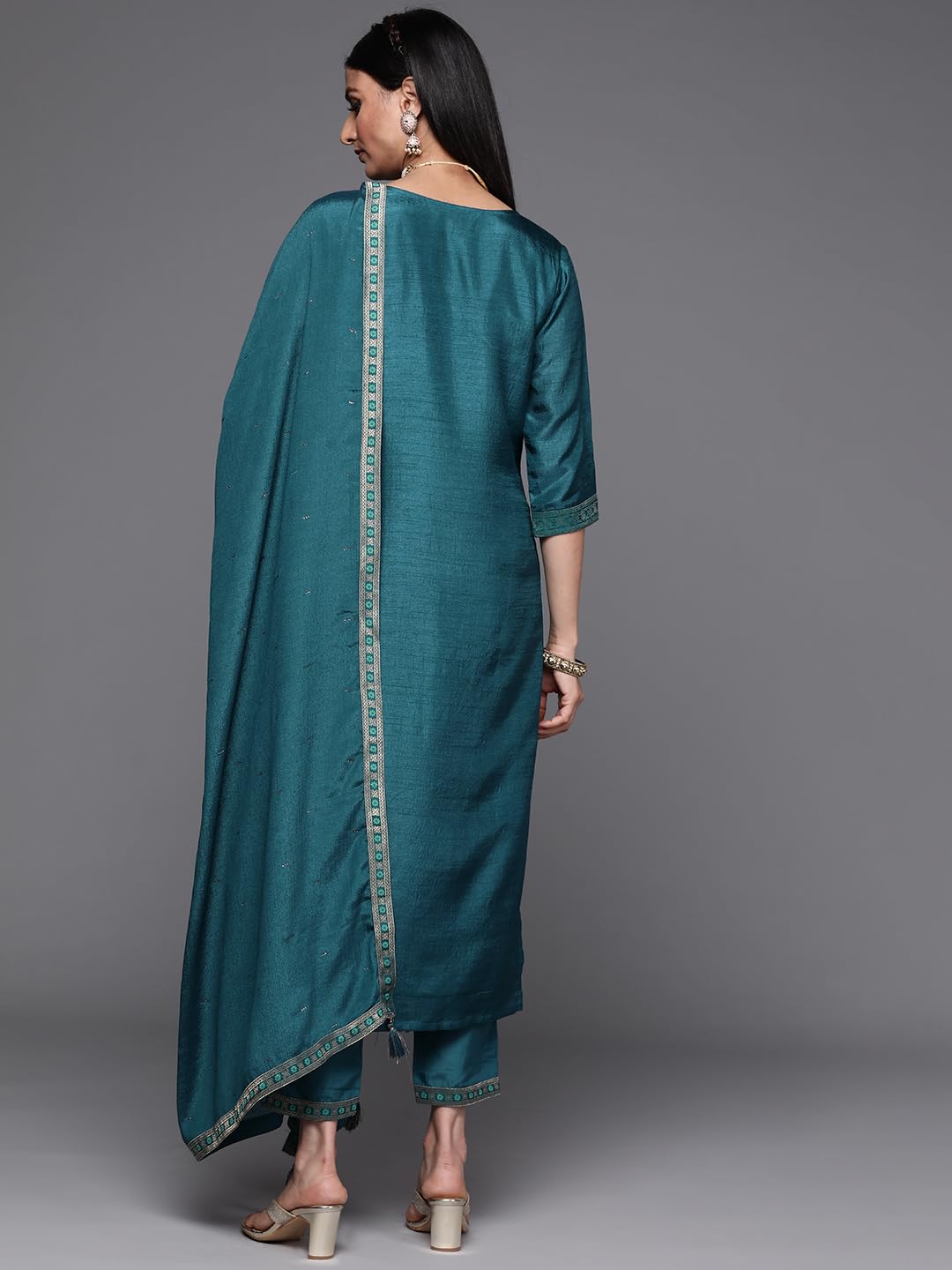 Libas Womens Embellished Silk Blend Straight Kurta With Trousers And Dupatta