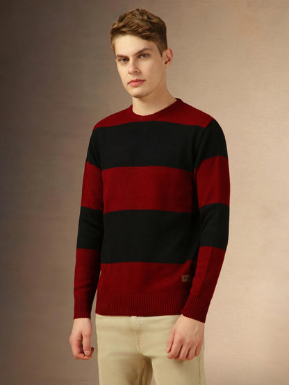 Dennis Lingo Men Black Striped Slim Fit Full Sleeve Crew Pullover Sweater