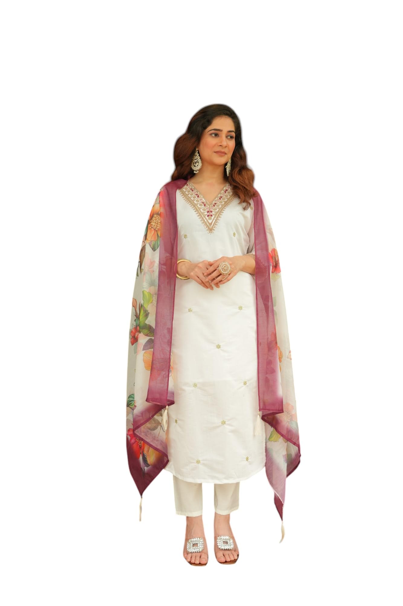 Rieka Women Embroidered Kurta Set With Floral Printed Dupatta & Straight Pant | Ethnic Wear Set For Women | Silk Blend Kurta Set
