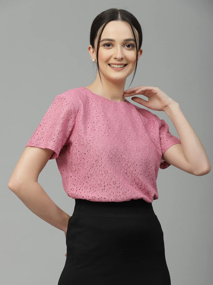 Style Quotient Women Pink Self Design Cotton Lace Regular Smart Casual Tops