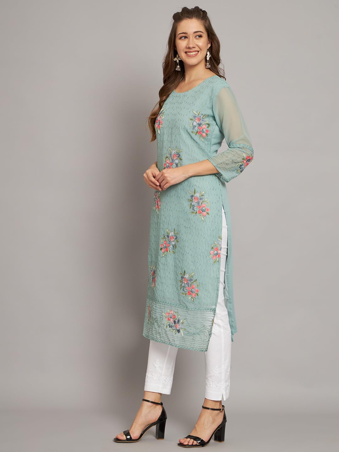 Ekasya WomenS Georgette Straight Cut Round Neck Kurta With Beautiful Floral Embroidery Work - Elegant Design, Comfortable Fit,