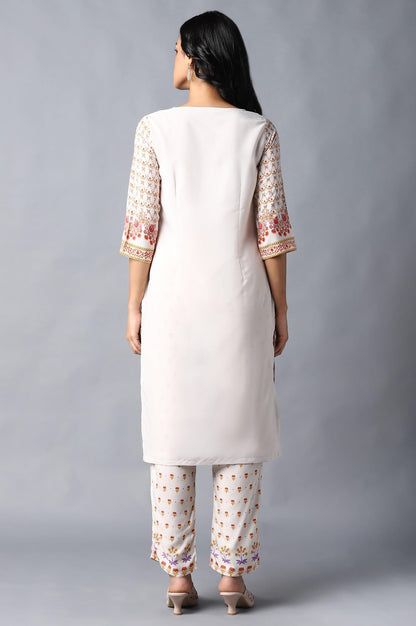 W Ecru Synthetic Floral Printed Regular Kurta For Women